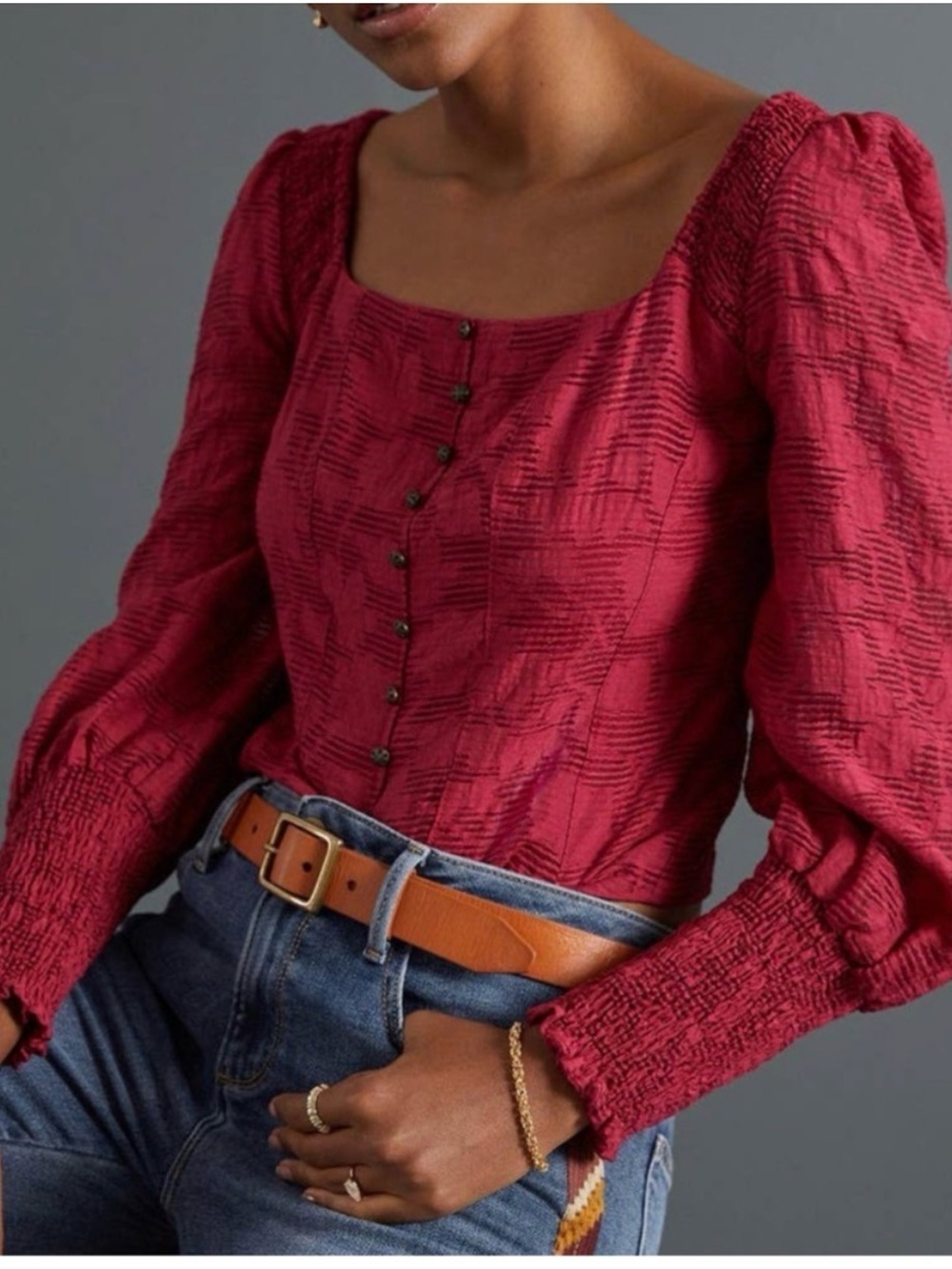 Anthropologie Square-Neck Puff Sleeve Blouse in Burgundy